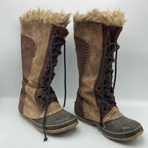 Sorel Cate the Great Tall Fur Leather Winter Boots Tobacco Size 8